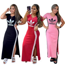 Round neck short sleeved slit long skirt with elastic slimming effect, slimming effect, hip hugging long dress