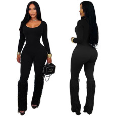 Sexy U-neck long-sleeved jumpsuit, high-waisted fringe flared pants, slimming party wear women's clothing