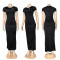 Contrast Color Edged Round Neck Embroidered Short Sleeve Dress Fitted Elastic Slimming Longline Bodycon Skirt