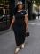 Contrast Color Edged Round Neck Embroidered Short Sleeve Dress Fitted Elastic Slimming Longline Bodycon Skirt