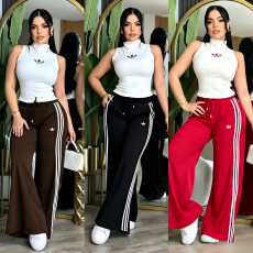 High-neck embroidered sleeveless vest with wide-leg pants two-piece set, slim-fit and slimming casual sportswear set