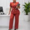 New Short sleeved Collar Double breasted Top, High Waist Wide Leg Pants, Foreign Trade Set