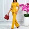 New women's fashionable and sexy one neck short sleeved top, solid color casual pants two-piece set