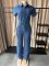 Cowboy jumpsuit with single breasted button and waist cinching for slimming effect, denim pants for women