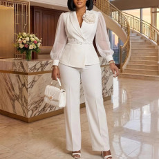 Large mesh long sleeved suit set for women with floral decoration, waist cinched top, wide leg pants, two-piece set