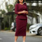 Women's round neck elegant temperament with three quarter sleeves, three-dimensional flower wrapped buttocks, OL pencil dress