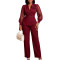 Large mesh long sleeved suit set for women with floral decoration, waist cinched top, wide leg pants, two-piece set