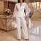 Large mesh long sleeved suit set for women with floral decoration, waist cinched top, wide leg pants, two-piece set