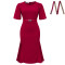 Women's short sleeved fashionable and elegant high waisted, hip hugging, mid length solid color dress