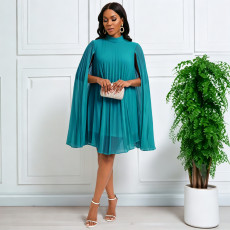 Women's stand collar shawl sleeves pleated chiffon skirt loose A-line cape dress European and American banquet evening dress