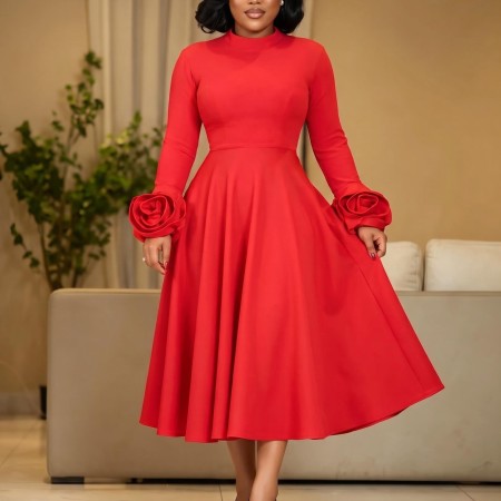 Large semi high neck long sleeved three-dimensional floral sleeves elegant mid to long style dress with a large skirt and temperament
