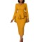 Women's V-neck ruffle edge waist cinched mid length dress for workplace banquets, slim fit and hip hugging dress