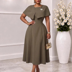 Oversized women's cape shawl dress with round neckline and waist cinching for slimming, A-line mid length skirt dress