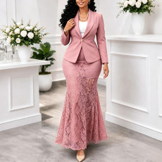 Large size Tongle waist cinched small suit jacket lace fish tail skirt two-piece cross-border set