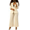 Winter plus waist cinched white suit jacket, pleated wide leg pants two-piece set, Tongle women's suit set