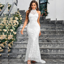 Solid color lace elegant slim fit European and American backless sleeveless hip hugging trailing party evening gown