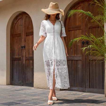 New Pure Color Lace European and American Amazon V-Neck Short Sleeve Elegant Fitted Long Country Style Dress