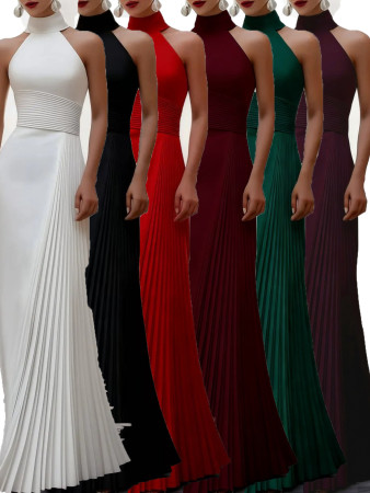 High neck hanging neck evening dress, slim fit and slimming, pleated long dress, solid color dress, multiple colors