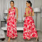 Women's summer hanging neck V-neck printed long skirt, vacation style commuting casual dress