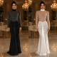 New women's high neck mesh pearl rhinestone long sleeved dress for banquets, light luxury dress