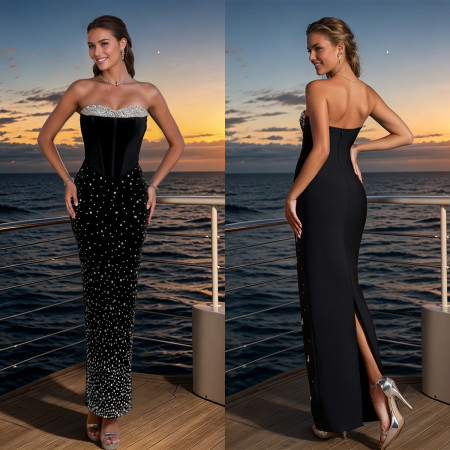 New women's sexy strapless and diamond hot stamping high-end light luxury socialite banquet dress dress