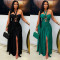 New popular hanging neck hollow strap party evening dress satin side slit dress