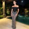 New women's sexy one shoulder strapless fishtail dress with rhinestone hot stamping party dress