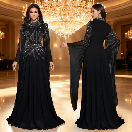 New women's hot stamping diamond bubble bead flowing flying sleeve dress chiffon grand banquet dress