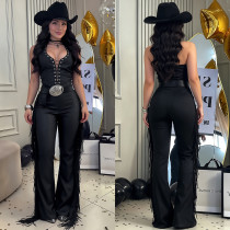 New women's sexy Western style hanging neck tassel wide leg pants slim fit party jumpsuit
