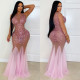 New women's pink see through mesh with diamond studded sleeveless slim fit party dress