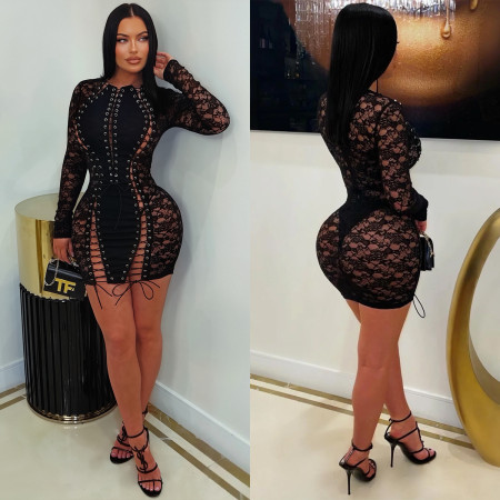 New women's clothing European and American style women's clothing Instagram style lace perspective sexy spicy girl dress