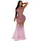 New women's pink see through mesh with diamond studded sleeveless slim fit party dress