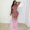 New women's pink see through mesh with diamond studded sleeveless slim fit party dress