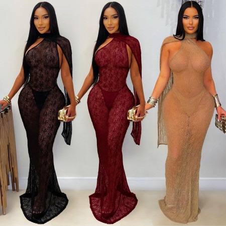 New Women's Sexy Perspective Lace Shawl Fish Tail Long Dress Nightclub Hip Wrap Dress