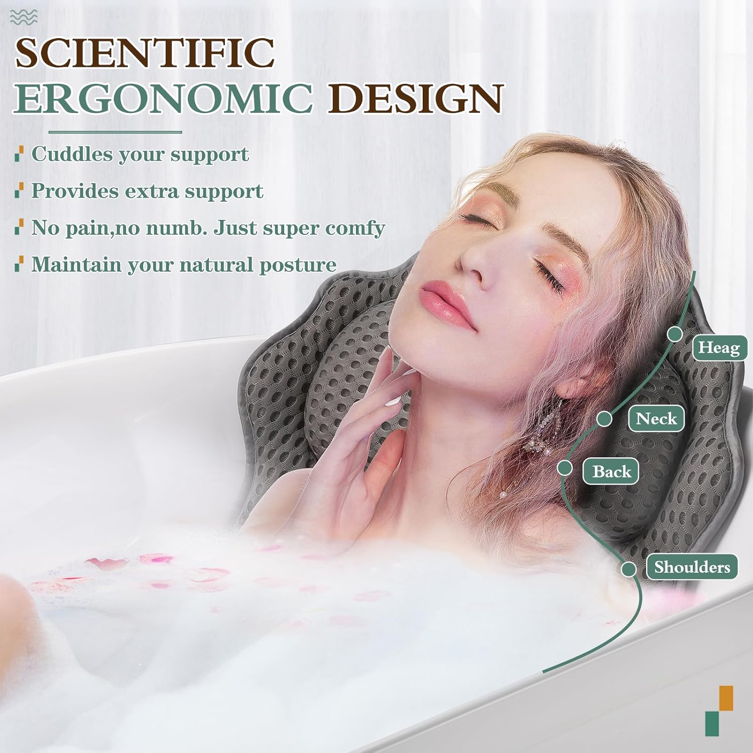 RUVINCE Bath Pillow for Tub - Head, Neck and Back Support with Suction Cups