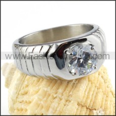 Stainless Steel Stripe and Center Zircon Stone Wedding Ring r000020