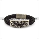 Black Leather Bracelet with Steel Motorcycle Engine b005979