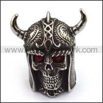 Red Rhinestone Eyes Viking Skull Ring with 2 Horns r003691