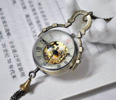Wholesale Antiqued Brass Glass Skeleton Mechanical Pocket Watch PW000325