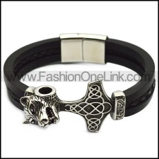 black leather bracelet with stainless steel wolf hammer for viking b007864