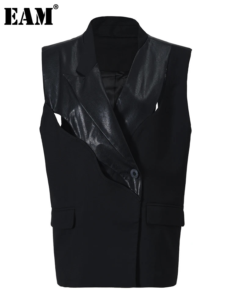 [EAM] Women Black Pu Leather Spliced Hollow Out Big Size Vest New Lapel Sleeveless Fashion Tide Spring Autumn 2024 17A15