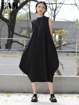 [EAM] Women Black Brief Shaped Long Elegant Dress New Round Neck Sleeveless Loose Fit Fashion Tide Spring Summer 2024 1DF7978