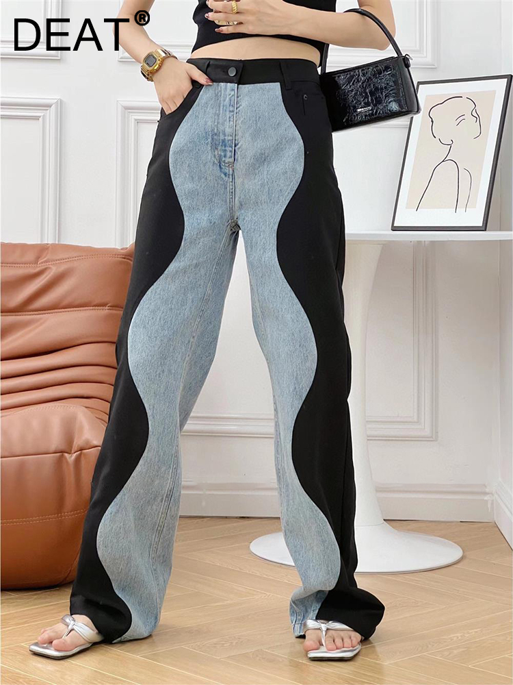 DEAT Fashion Women's Jeasn New High Waist Black Blue Wave Spliced Straight Tube Wide Leg Denim Pants Tide Autumn 2024 17A2517