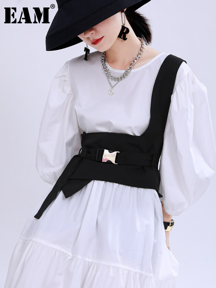 [EAM] Women Loose Fit Black Irregular Split Joint Buckle Bandage Vest New Sleeveless   Fashion Tide Spring Autumn 2024 1U528