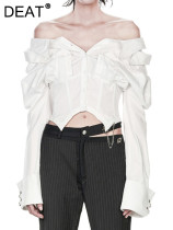 DEAT Fashion Women's Fishbone Shirt Lapel Slim Off Shoulder Solid Color Spliced Waist Short Cotton Blouse Spring 2024 New WS400