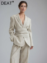 DEAT Fashion Women's Blazer Folded Zipper Waistband Single Button Gray Long Sleeve Suit Jackets Spring 2004 New Tide CPDB046