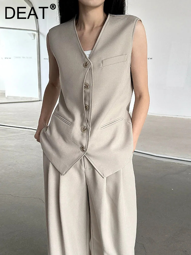 DEAT Fashion Women's Vest V-neck Sleeveless Single Breasted Patchwork Pockets Slim Designer Coat Sping 2024 New Tide 7AB3806