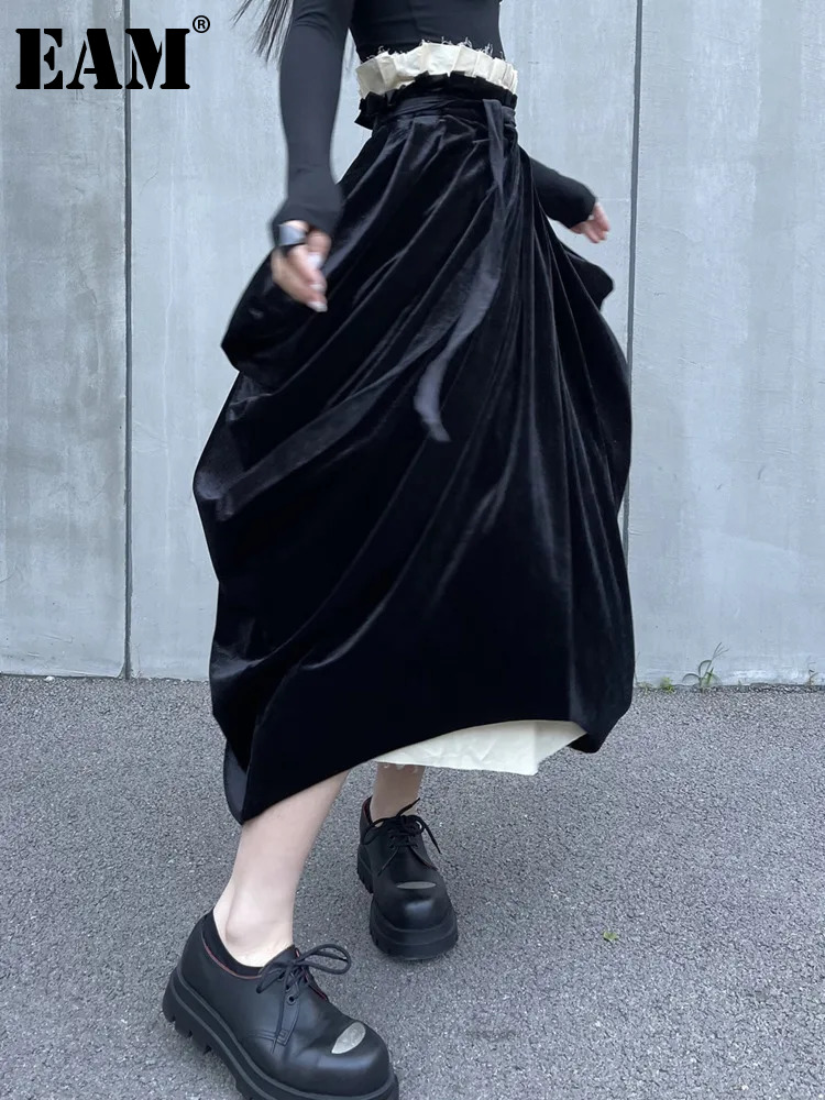 [EAM] High Waist Black Irregular Burr Velvet Color-block Pleated Half-body Skirt Women Fashion New Spring Autumn 2024 1DH2675