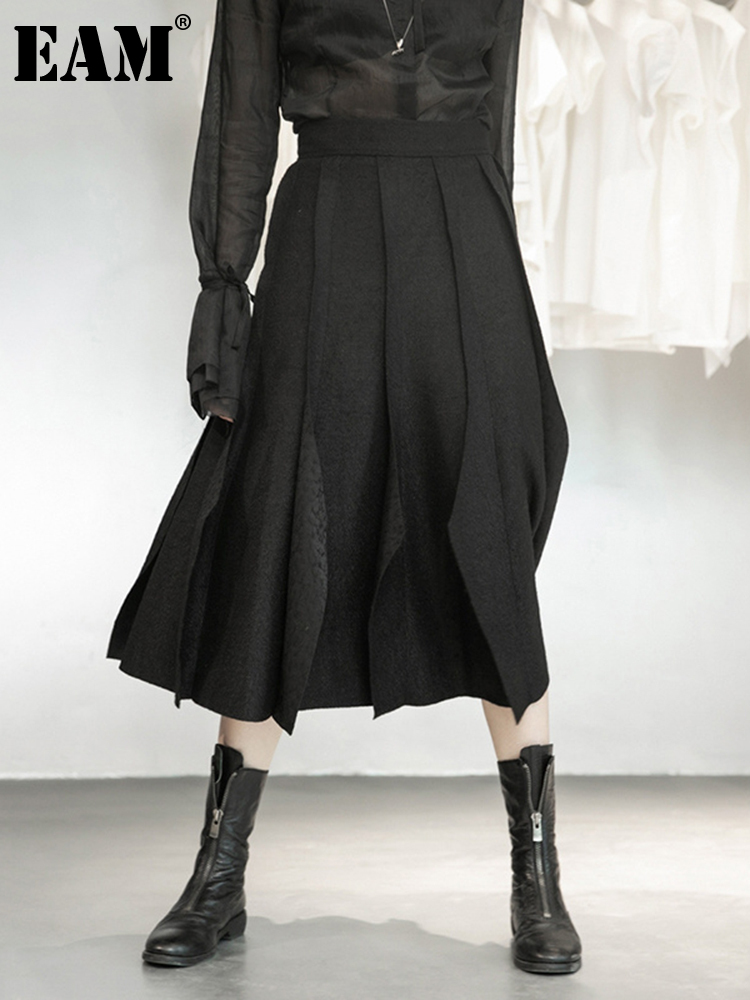 [EAM] High Elastic Waist Black Brief Woolen Cut Edge Pleated Half-body Skirt Women Fashion Tide New Spring Autumn 2024 1DD1634