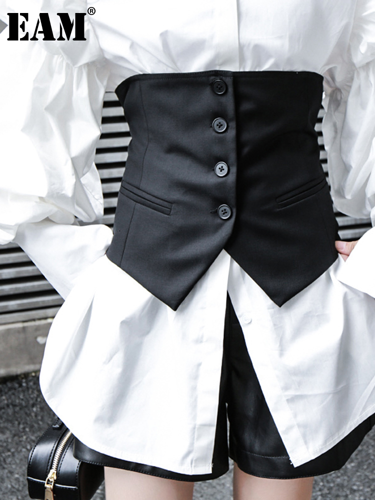 [EAM] Women Black Button Split Joint Asymmetrical Loose Fit Vest New Sleeveless   Fashion Tide Spring Autumn 2024 1K371